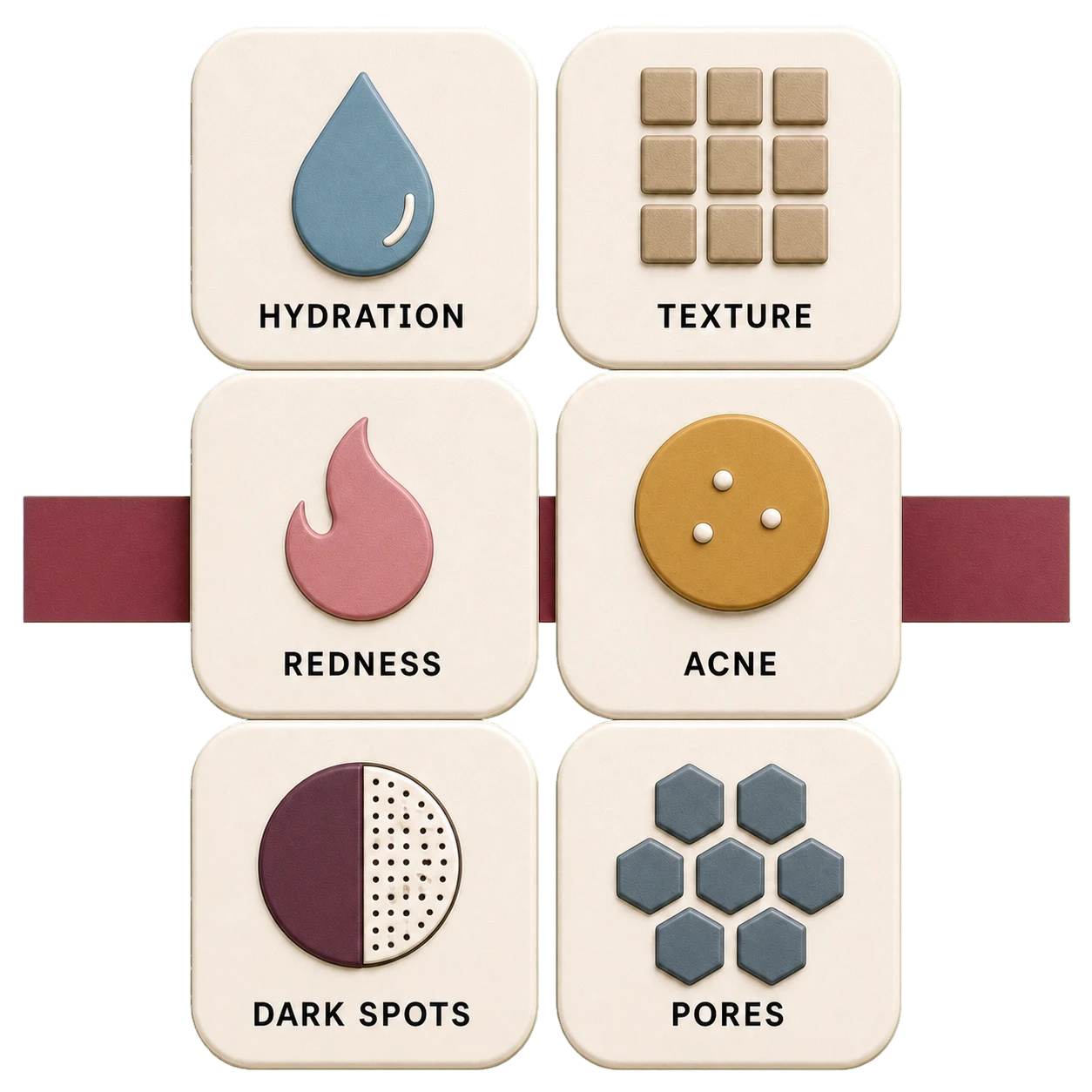 Six marker tiles for Hydration, Texture, Redness, Acne, Dark spots, and Pores