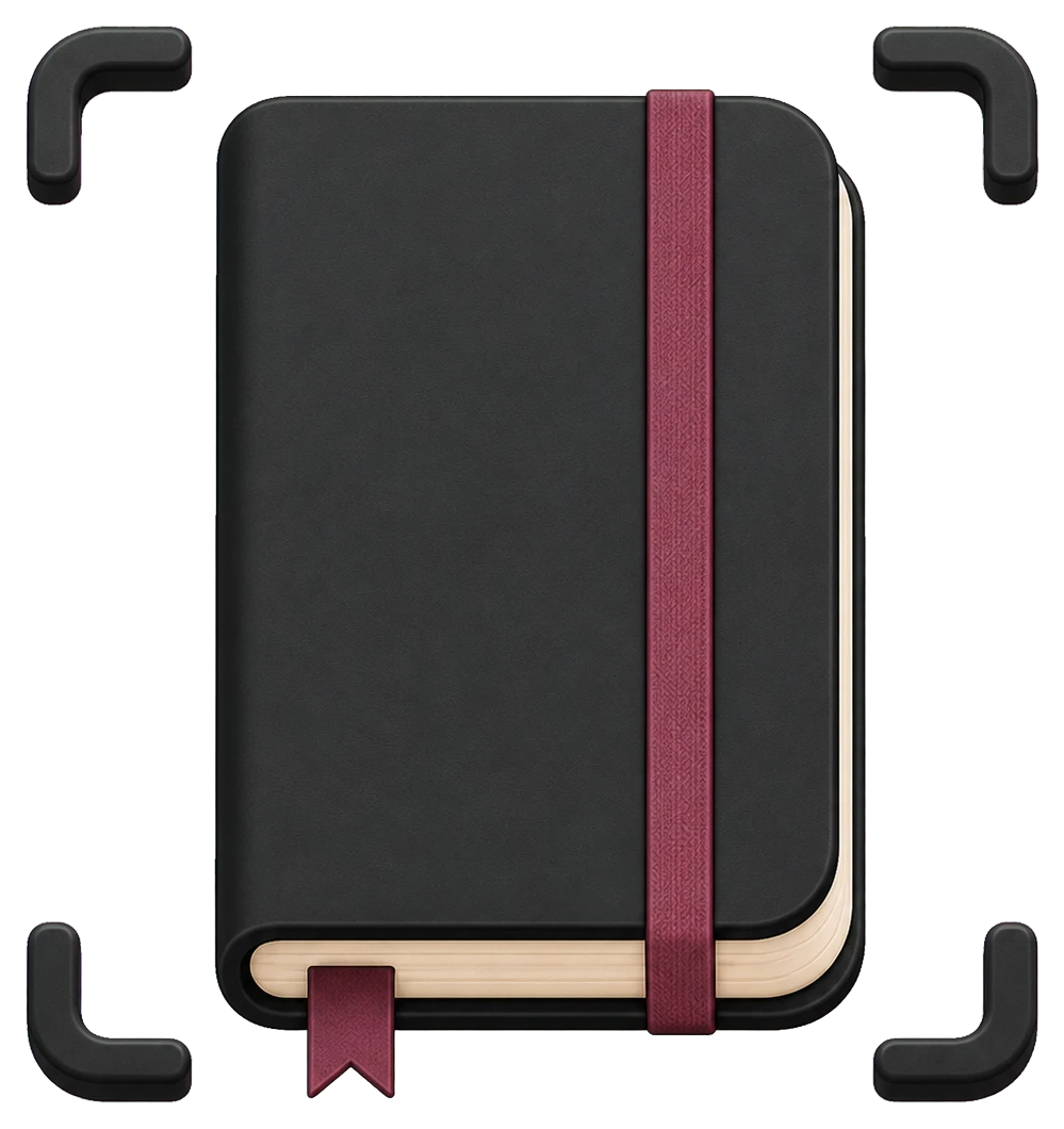A private black journal framed by four capture corners