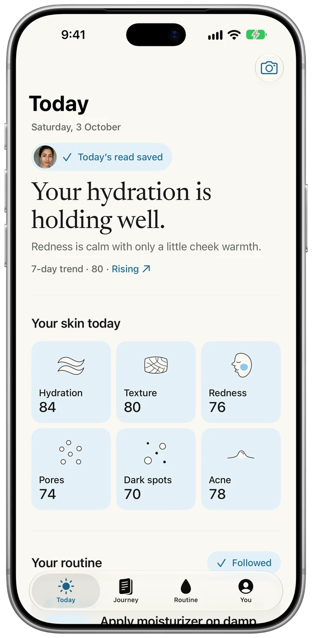 Sumi’s Today screen on an iPhone, with a read of six skin markers