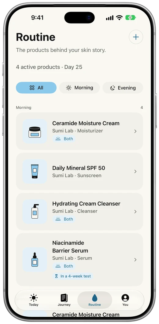 Sumi’s Routine screen listing four products with their morning and evening use
